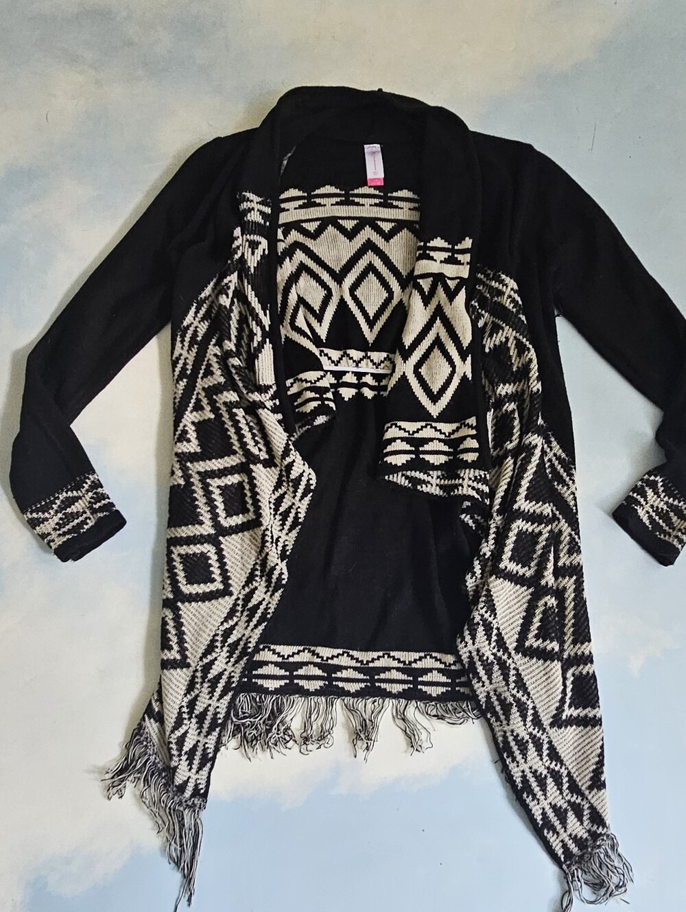 Black & Cream Tribal Fringe Open-Front Women's Sweater Cardigan